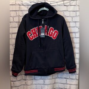 Leehanton Size: L Chicago Navy Hoodie with Red Accents Pockets Sherpa Inside